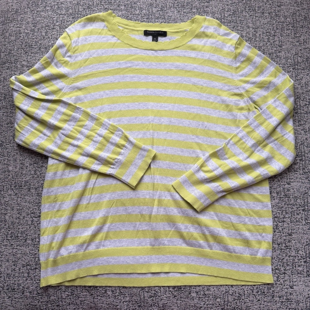 BANANA REPUBLIC GREY LIME GREEN STRIPE SCALLOPED NECK SWEATER WOMENS XL